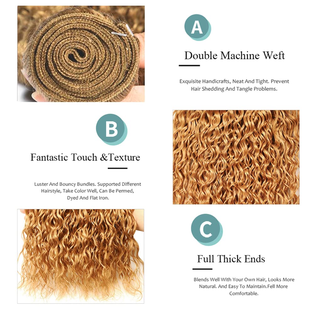 Blonde Curly Bundles Human Hair 27 Kinky Curly Bundles Honey Blonde Human Hair Bundle 12 14 16 inch #27 Wet and Wavy Bundle