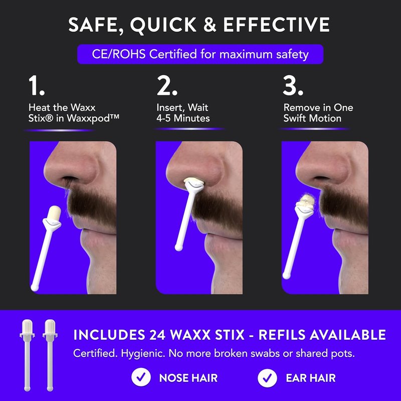 WaxxPod™ Nose Hair & Ear Hair Remover - USB Waxing Kit with 24 Wax Sticks for Easy Grooming