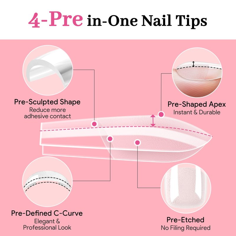 Qiek Medium Almond Pre-Building Nail Tips Kit, 15 Sizes 240 PCS Pre-shaped Apex Pink Thick Extensions Tip Soft Half Matte Press On Fake Nails Glue Gel Nail Lamp for DIY Beginners & Salon Manicure