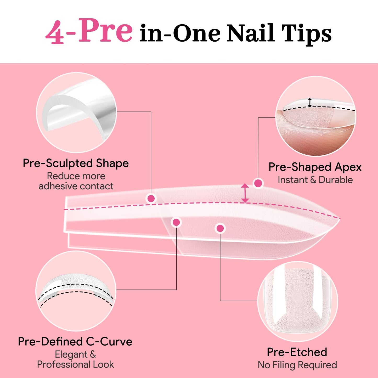 Qiek Medium Almond Pre-Building Nail Tips Kit, 15 Sizes 240 PCS Pre-shaped Apex Pink Thick Extensions Tip Soft Half Matte Press On Fake Nails Glue Gel Nail Lamp for DIY Beginners & Salon Manicure