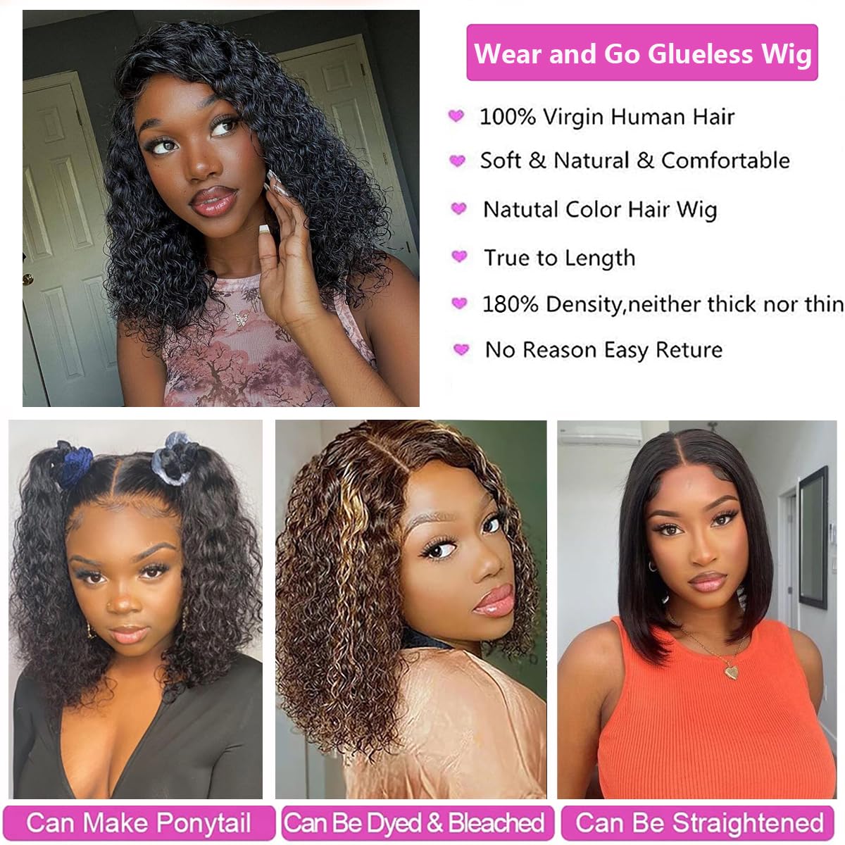 Tascal Wear and Go Glueless Short Curly Bob Wig 4x4 Lace Closure Wigs Human Hair Brazilian Human Hair Wigs for Women Wet and Wavy(14 Inch)