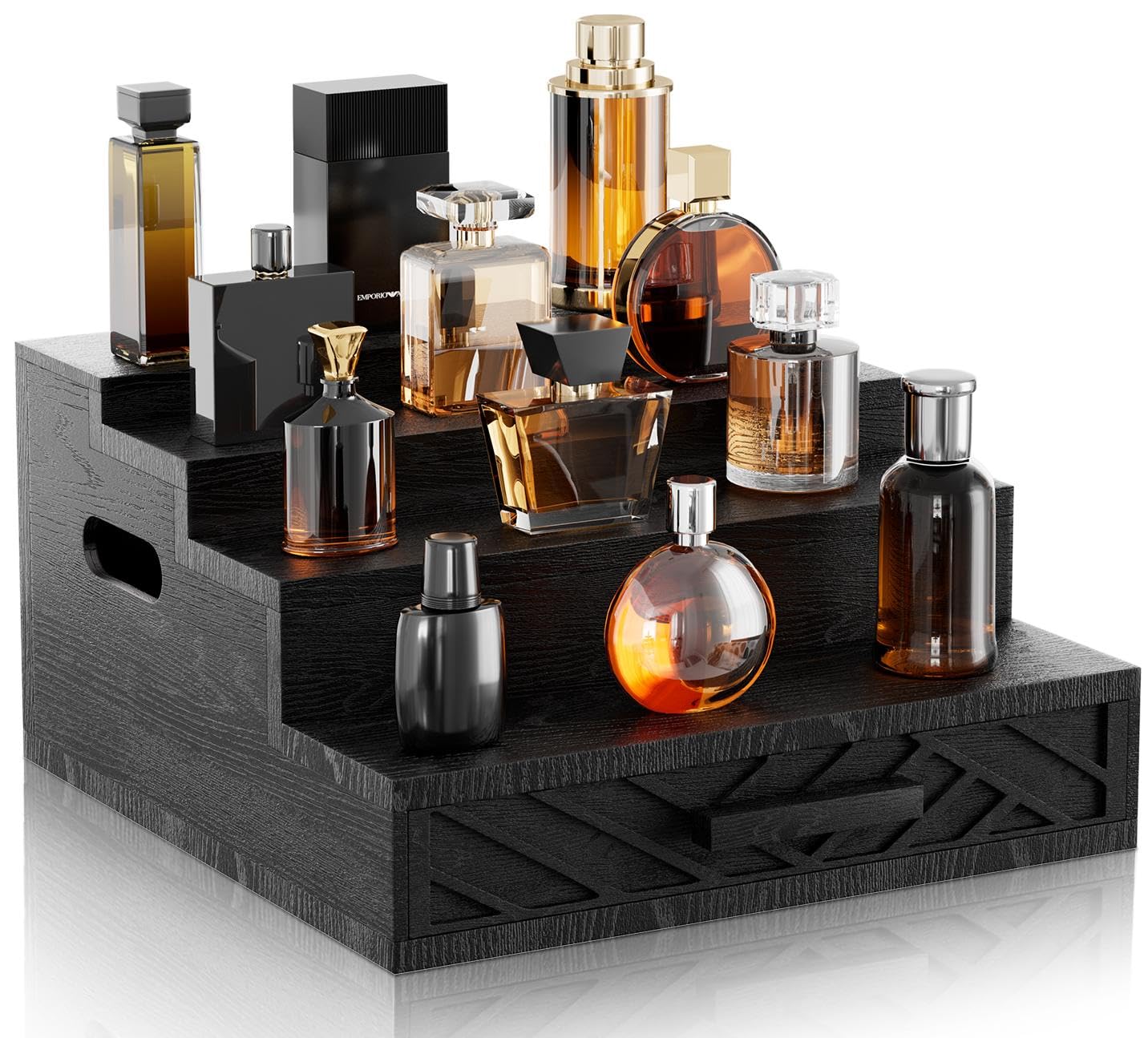 Wood Cologne Organizer for Men,12 Inch Black Cologne Stand with Drawer and Hidden Compartment Perfume Organizer for Dresser,Wooden Display Risers Stand for Perfume Makeup,Figures,A Gift for Men