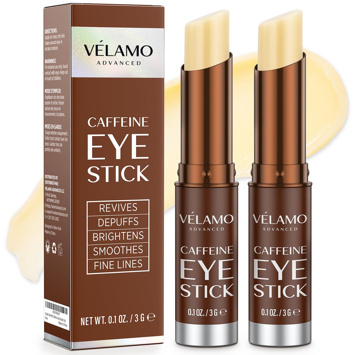 VELAMO ADVANCED Caffeine Eye Stick: Energizing & Hydrating Under Eye Balm for Dark Circles & Puffiness - Travel Essentials, Portable & Perfect for On-the-go Use, 0.1 OZ/3g 2 Pcs