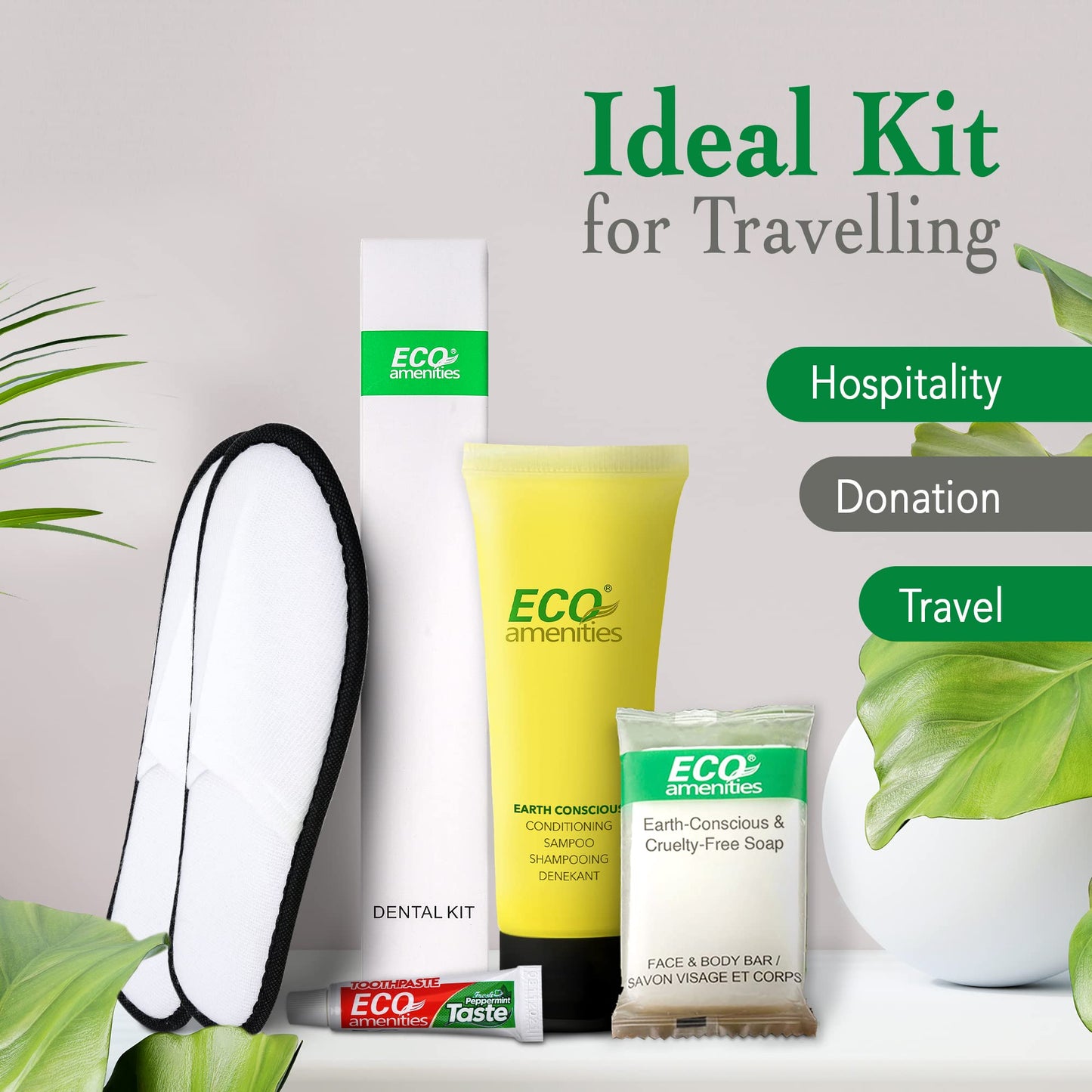 ECO amenities Bulk Hotel Toiletries Set - Travel Toothbrush Set - Cruelty-Free Shampoo & Conditioner - Bar Soap Bulk & Closed-Toe Slippers - 140 Pieces, 30ml Shampoo, 14g Soap, Green Tea
