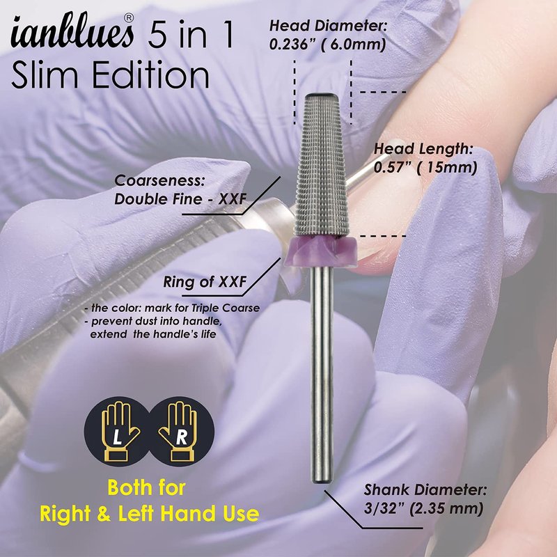ianblues Multi-function Nail Drill 5 in 1, Slim Barrel Edition for Electric Manicure Machine, Both for Left & Right Hand People, Fast Remove Acrylic Nails or Hard Gel Nails (Double Fine -2XF)
