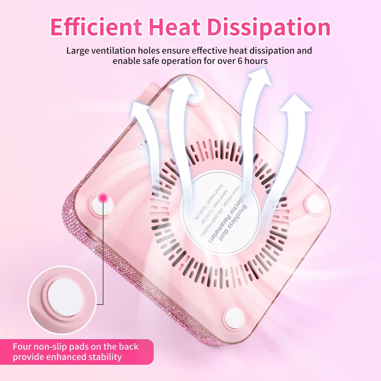 BQAN Portable Nail Dust Collector with 4200RPM Fan Pink Rhinestones