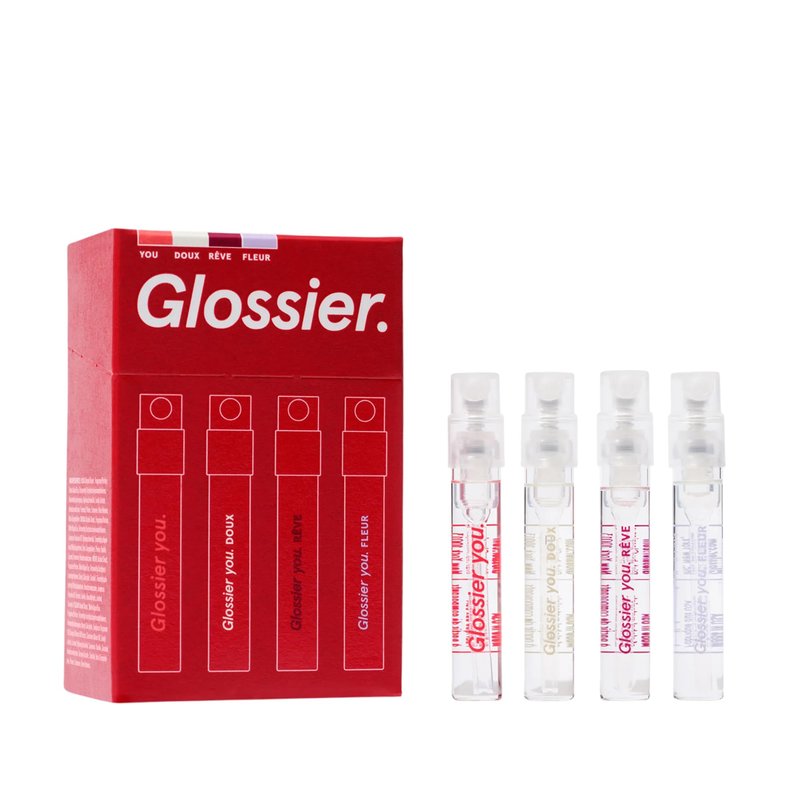Glossier You Mini Wardrobe Fragrance Set - 4 Unisex Travel Size Eau de Parfum for Women & Men - Skin-Scent Enhancer Perfume Sampler, Smells Different on Everyone - You, Fleur, Doux, Rêve - 1.5ml Each