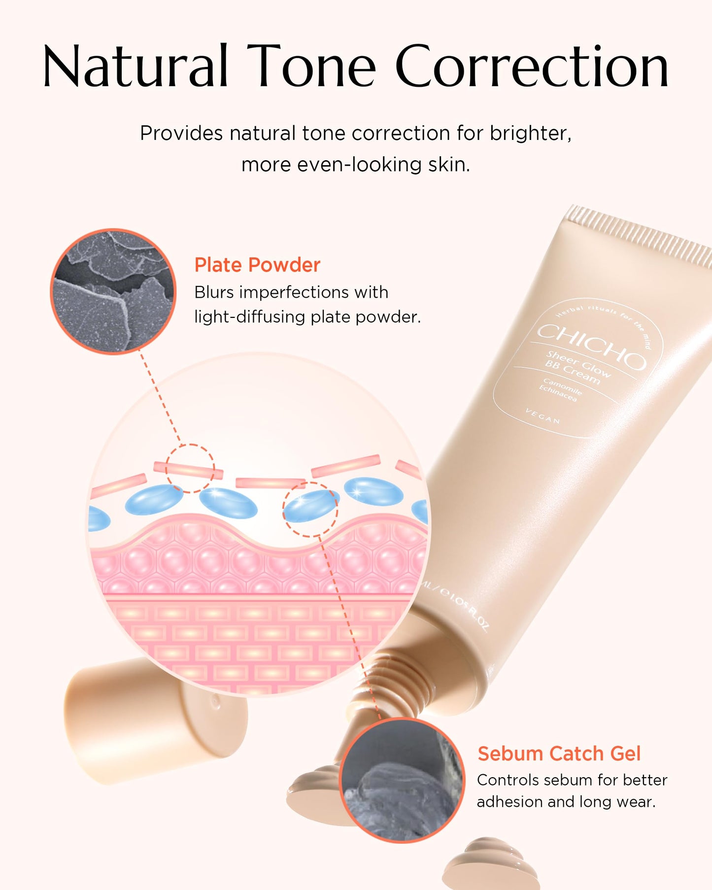 CHICHO Sheer Glow BB Cream 93% Herbal Base Chamomile Flower - Korean Makeup Redness Coverage for Acne Prone Sensitive Skin, Vegan, Non-Comedogenic, Pore Concealer, 1.01 fl.oz.