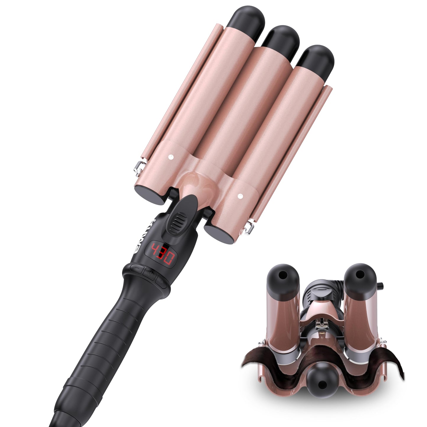 kuwa Crimper Hair Tool, 15 Variable Temperature with LCD Display Hair Crimper, Waver Hair Tool,3 Barrel Curling Iron, hairCrimper for Women,Long-Lasting Natural Tight Waves