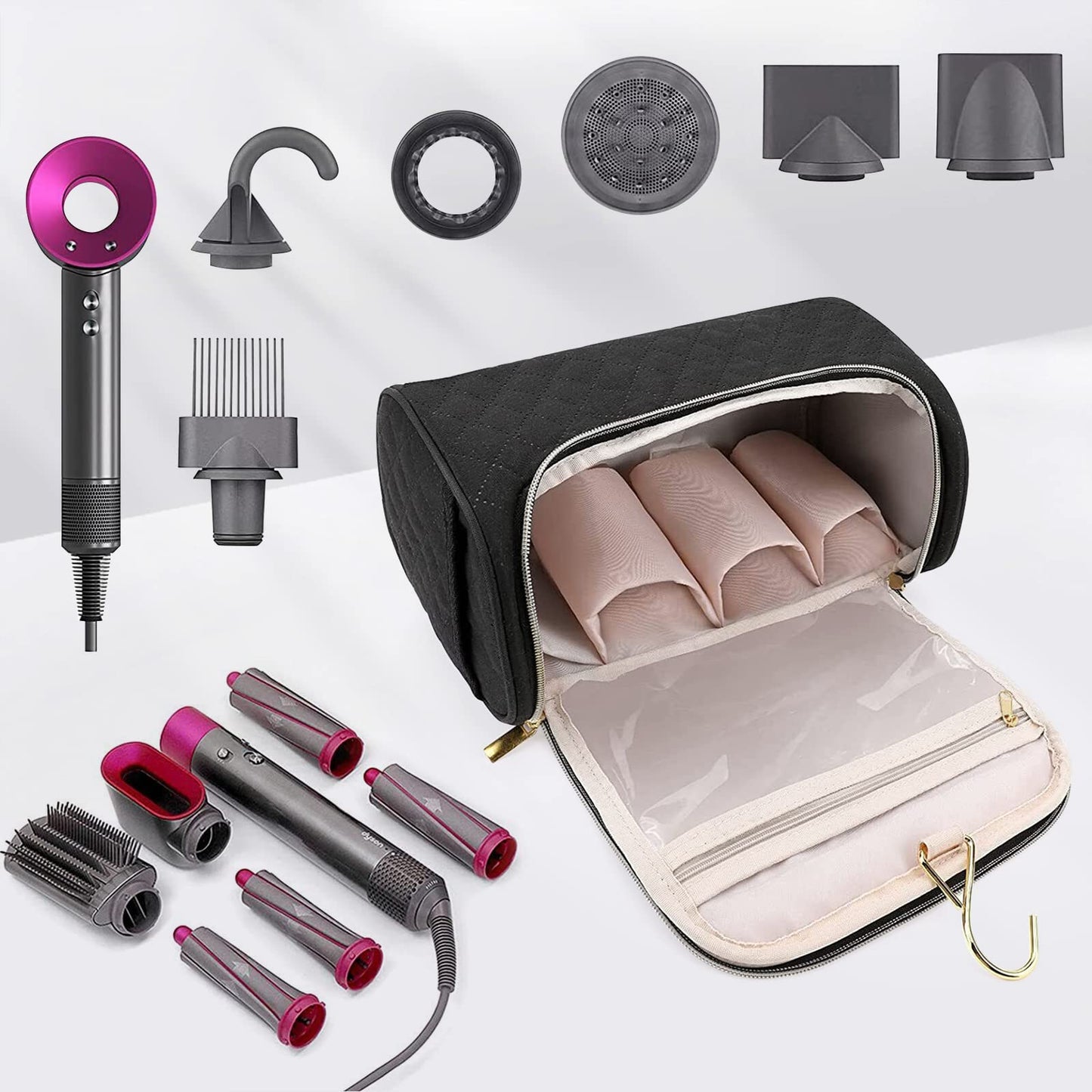 FRMARCH Travel Storage Bag Compatible with Dyson Airwrap Styler, Portable Travel Organizer with Clips for Airwrap Hair Styler Case and Attachments, Cosmetic Travel Cases with Hanging Hook, Black