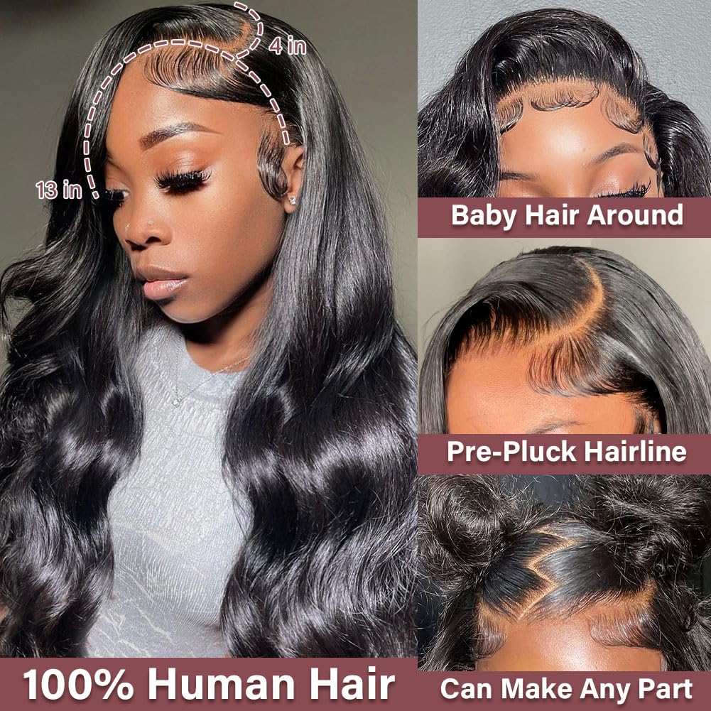 Omswet 13x4 HD Lace Frontal Human Hair Body Wave SKINLIKE 0.1mm Ultra-Thin HD Lace Frontal Pre Plucked Natural Hairline Small Knots 12A Braizilian Virgin Hair 14 Inch Body Wave Human Hair