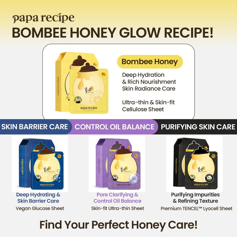 Papa Recipe Bombee Honey Mask Pack 25g * 10 sheets - Sheet Mask, Facial Skin Care, Deep Moisturizing Serum for Dry Skin - Korean Skin Care, K-Beauty, Ampoule Solidified, For radiant skin