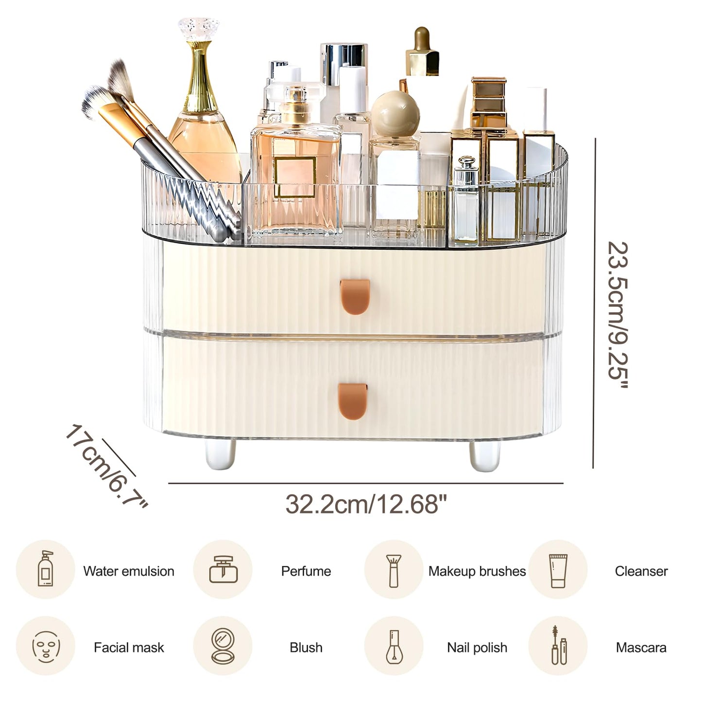 Ruiqas Makeup Organizer Countertop with 2 Drawers and 1 Clear Tray Stackable Skincare Cosmetics Storage Box for Vanity and Bathroom Countertop