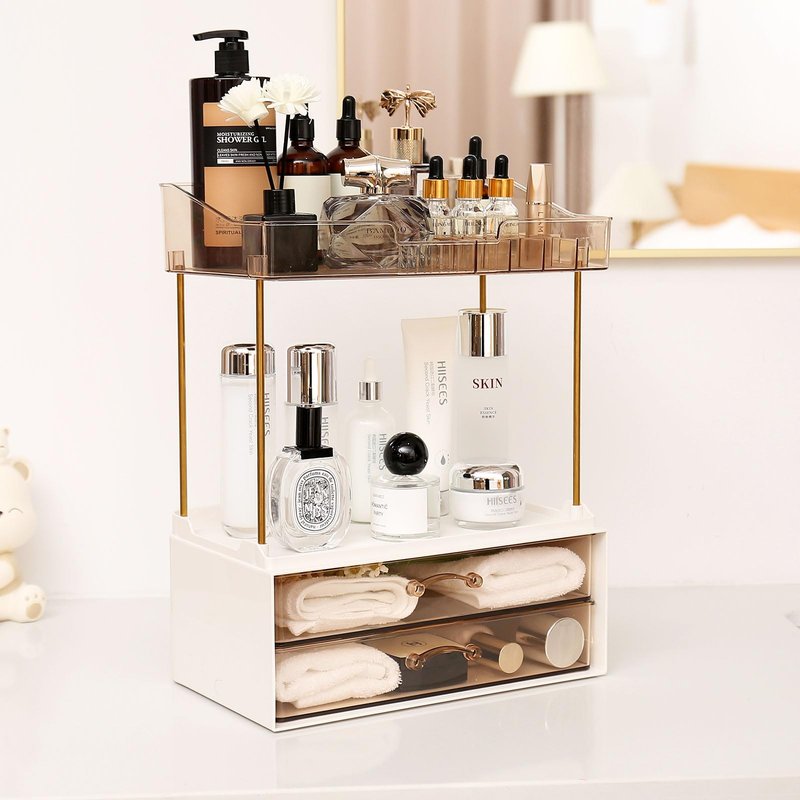 2-Tier 2-Drawer Bathroom Countertop Organizer, Multi-Purpose Makeup Organizer for Vanity, Large Skincare Countertop Organizer, Cosmetic Display Case for Dresser, Elegant Gifts for Women, Clear