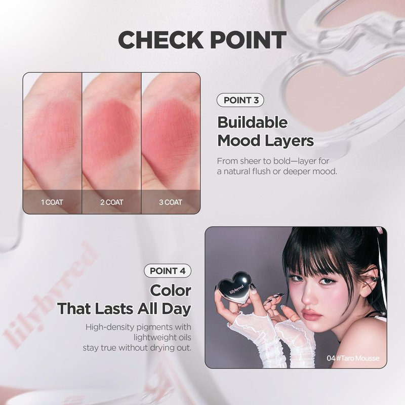 lilybyred Luv Beam Cheek Mousse | Heart-Shaped Korean Cream Blush, Airy Soft-Matte Texture, Soft-Focus & Pore-Blurring Finish, Seamless Buildable, Natural Flush, 0.13 oz. (04 Taro Mousse)