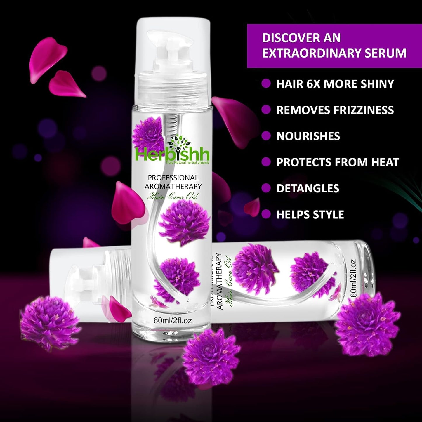 Herbishh Hair Color Shampoo for Gray Hair 500ml Dark Brown + Essential Care Flower Hair Oil for Dry Damaged Hair & Growth 60ml