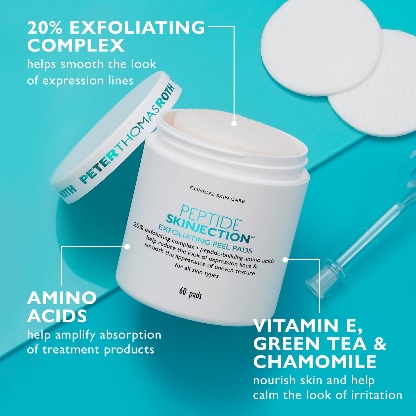 Peter Thomas Roth | Peptide Skinjection™ Exfoliating Peel Pads, For Smoothing Expression Lines & Emerging Wrinkles, Fragrance-Free, Alcohol-Free, For All Skin Types