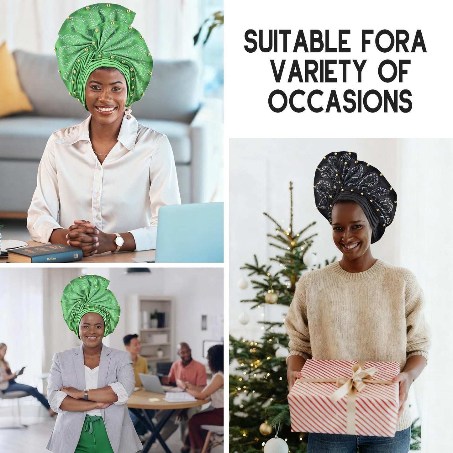 Nigerian headwear African headscarf,Auto Gele headband,hand wrap beaded - made for weddings parties events (Golden)