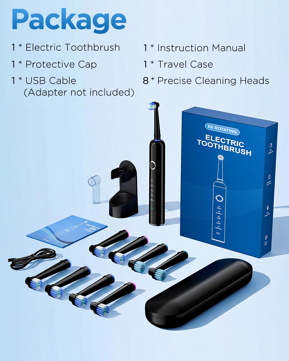 Rtauys Rotating Electric Toothbrush for Adults with 8 Brush Heads (2 Types), 5 Modes Rechargeable Power Toothbrush with Travel Case and 2 Minute Smrte Timer