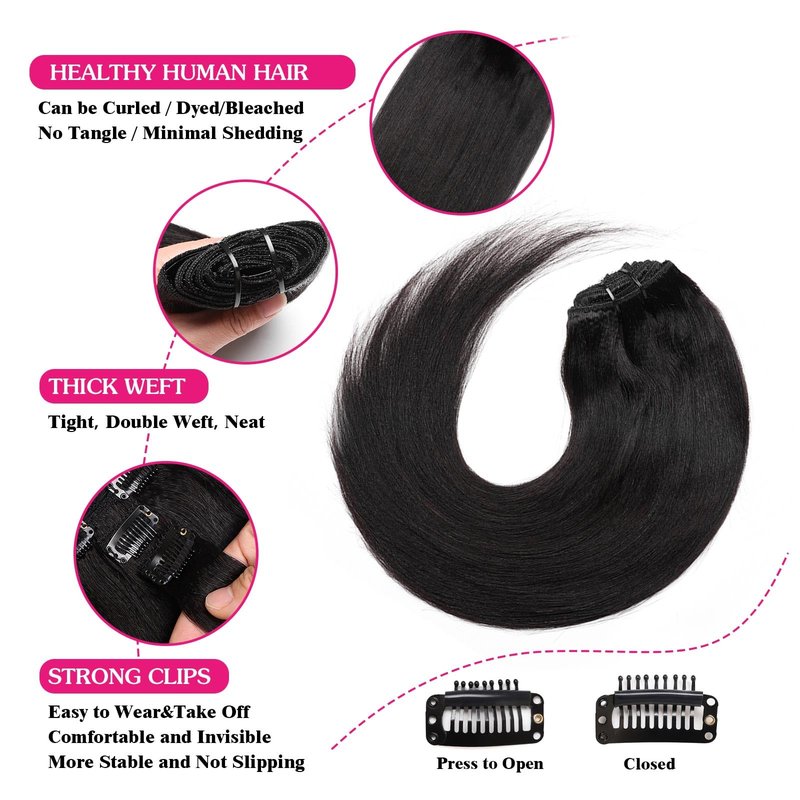 18inch Light Yaki Straight Clip ins, 120G Full Head Real 100% Human Hair Clips for Women Seamless Yaki Clip in Hair Extensions for Thin Hair Natural Black 8Pcs Hair Pieces with Secure Clips