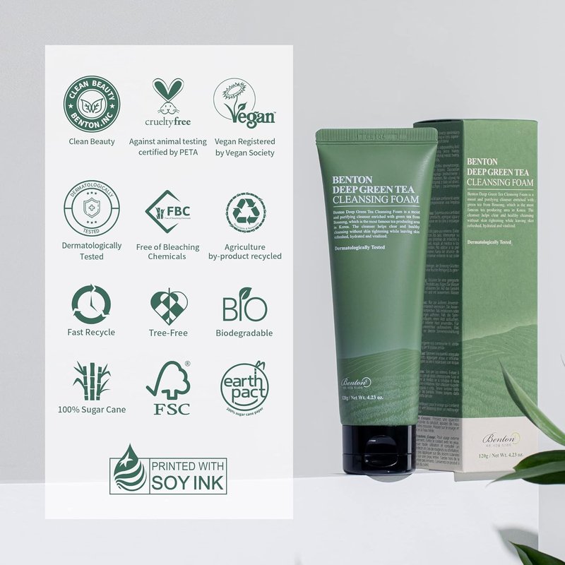 Benton Deep Green Tea Face Wash - Hydrating Korean Foaming Cleanser for All Skin Types | 4.23 oz.