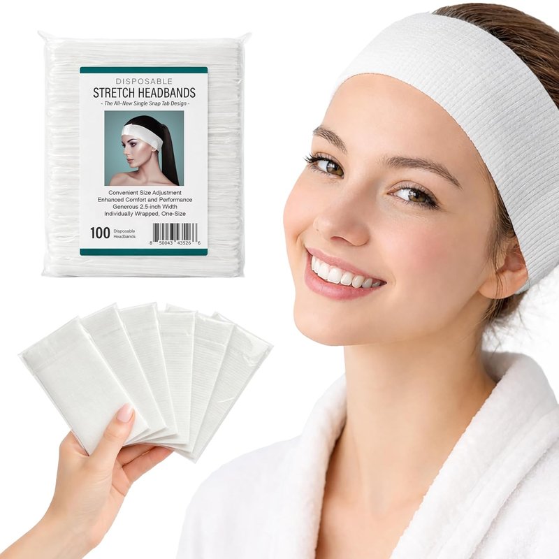 Disposable Stretch Facial Headbands - 100 Count Snag-Free Adhesive for Spa & Estheticians | White