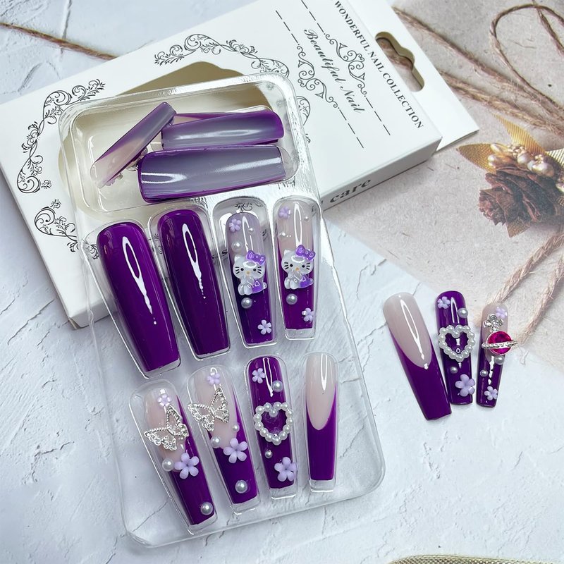 Cartoon Press Long Square Fake Nails - Purple French Tip, Heart & Butterfly Charm, Y2k Acrylic Nails, Full Cover False Nails for Women & Girls - 24 Pcs