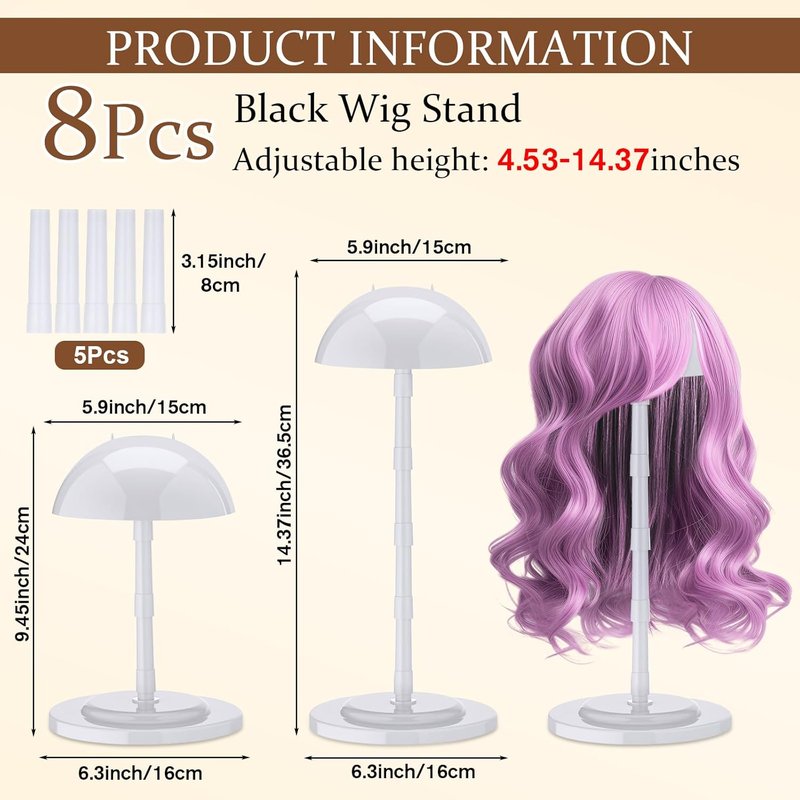 Adjustable Wig Stand Set - 8 Pcs Portable Plastic Holders for Display | 4.53 to 14.37 Inches, Non-Slip Design (White)