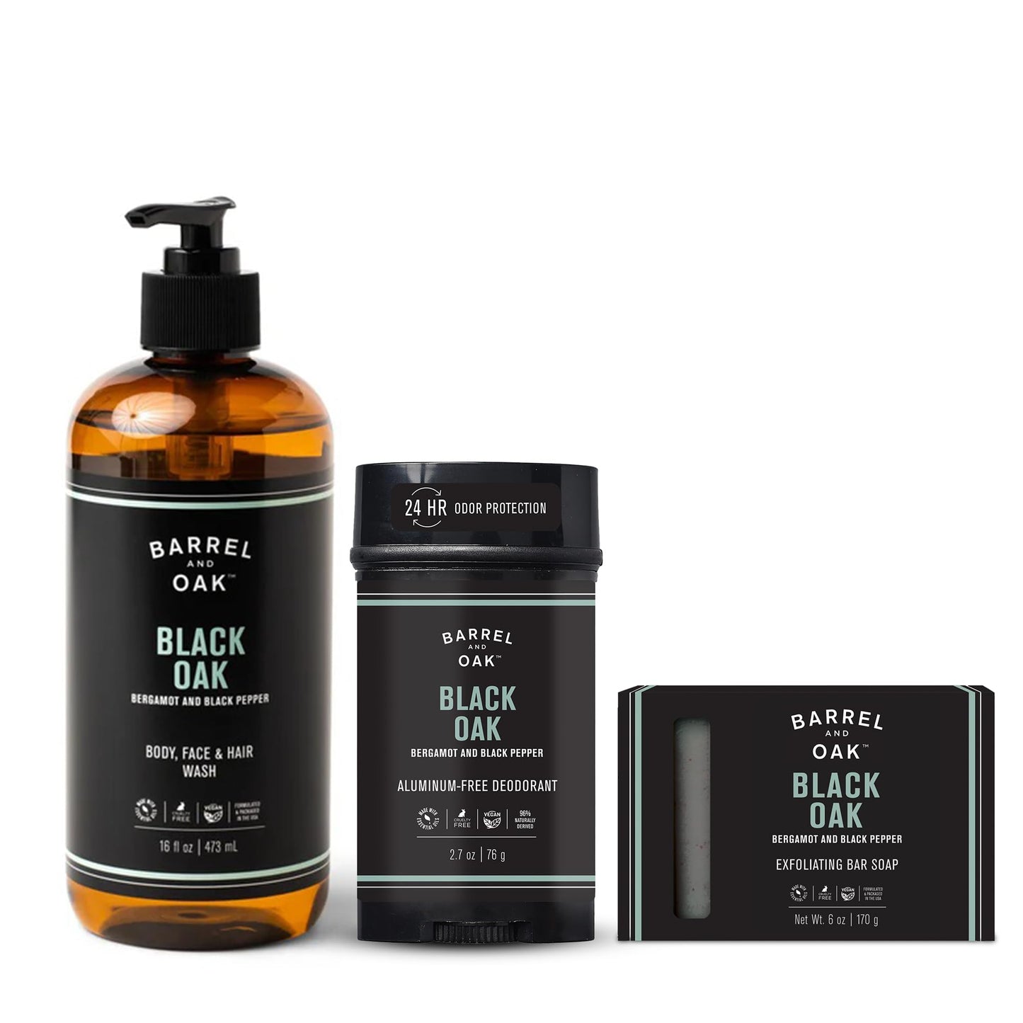 Barrel & Oak Black Oak Body Care Set for Men, All-in-One Body Wash, Exfoliating Bar Soap, & Aluminum-Free Men’s Deodorant, Vegan Grooming Kit, Gifts for Men, 3-Pack