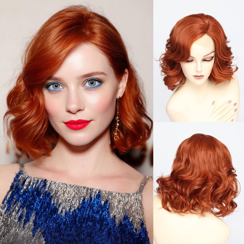 Short Lace Wavy Copper Red Wig for Women - Natural Synthetic Curly Hair, 14 Inch