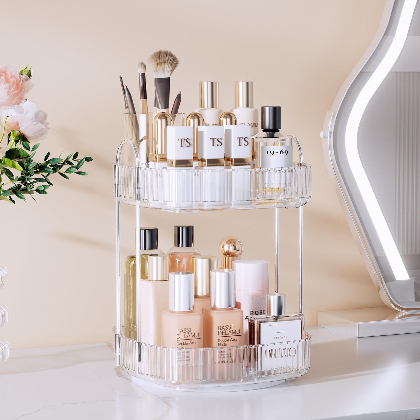 Delamu Rotating Bathroom Countertop Organizer, Large Capacity 2-Tier Multi-Function Storage for Cosmetics, Skincare, and Perfume. Makeup Organizer Countertop Ideal for Dresser, Bathroom,Vanity, Clear