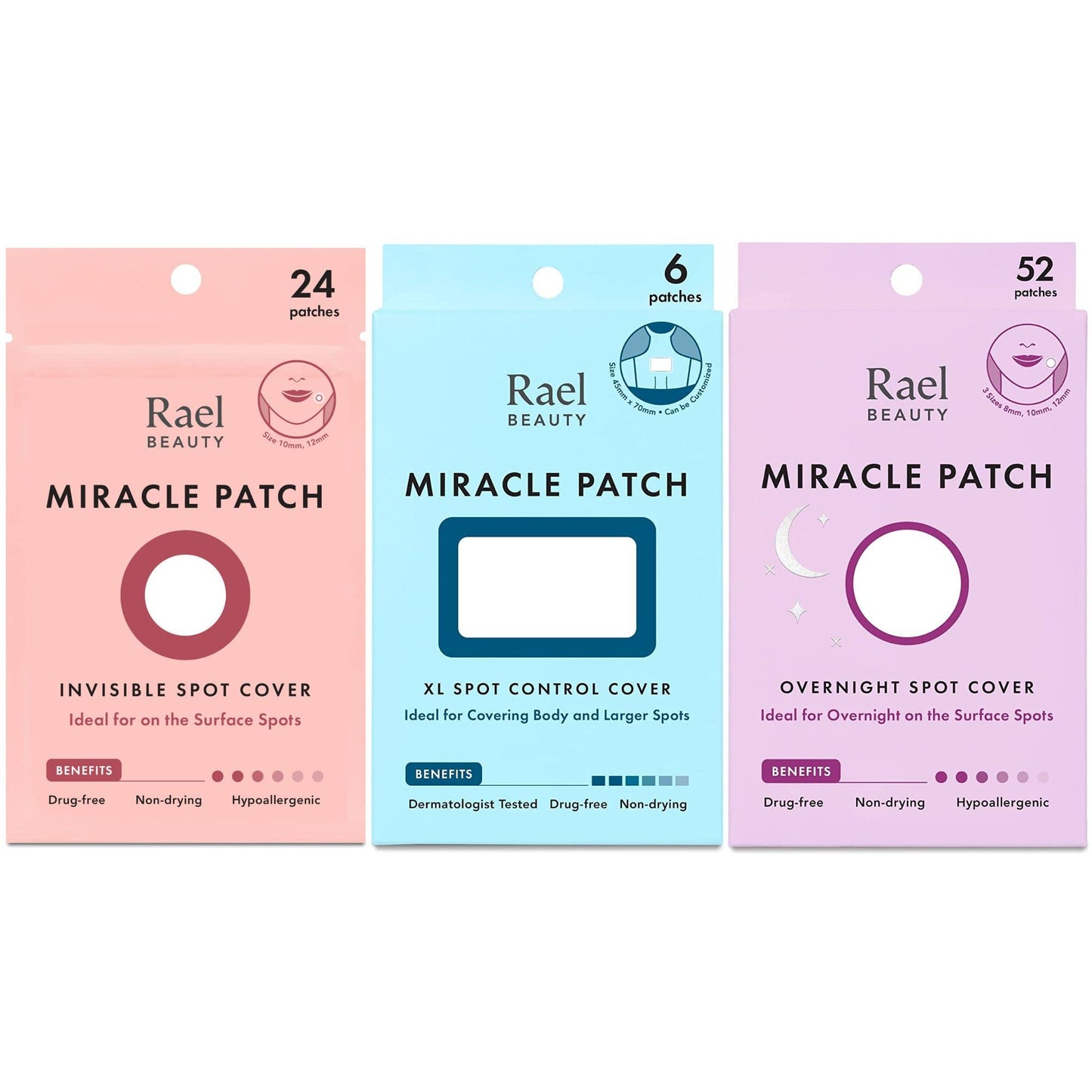 Rael Miracle Bundle - Invisible Spot Cover (24 Count), XL Spot Control Cover (6 Count), Overnight Spot Cover (52 Count)