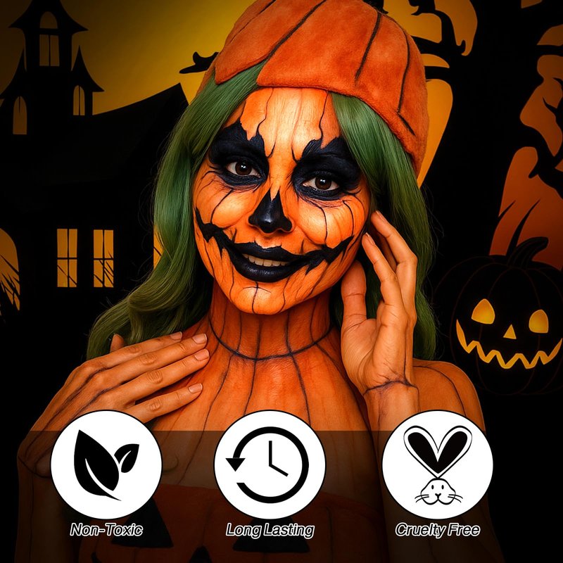 Black Yellow Orange Face Body Paint Kit, Pumpkin Halloween Makeup Cream Bodypaint with Brushes & Sponge Applicators , Facepaint Set for Scarecrow Clown Tiger Lion Fox Costume Cosplay SFX Looks