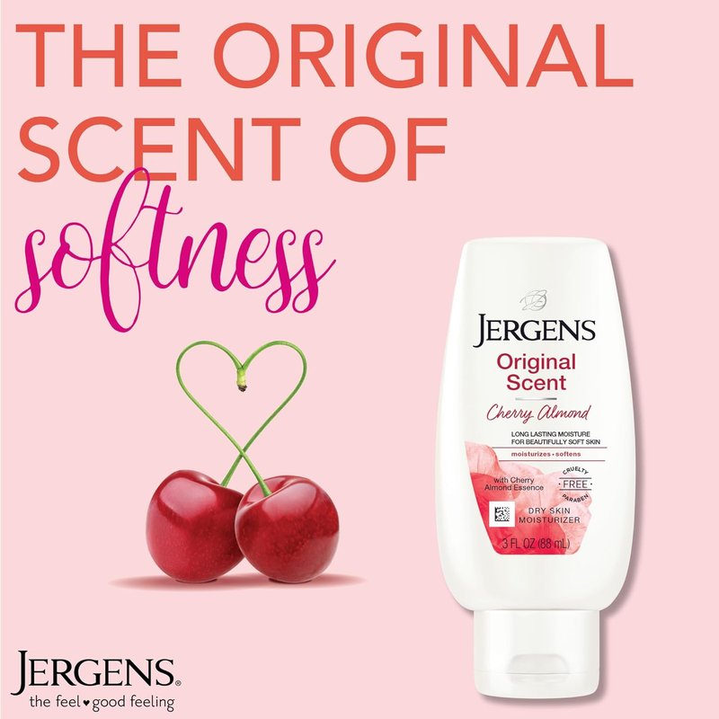 Jergens Hand and Body Lotion - Cherry Almond, Fast Absorbing Moisturizer with Vitamins E, C & B5 | 3 Oz (Pack of 8)
