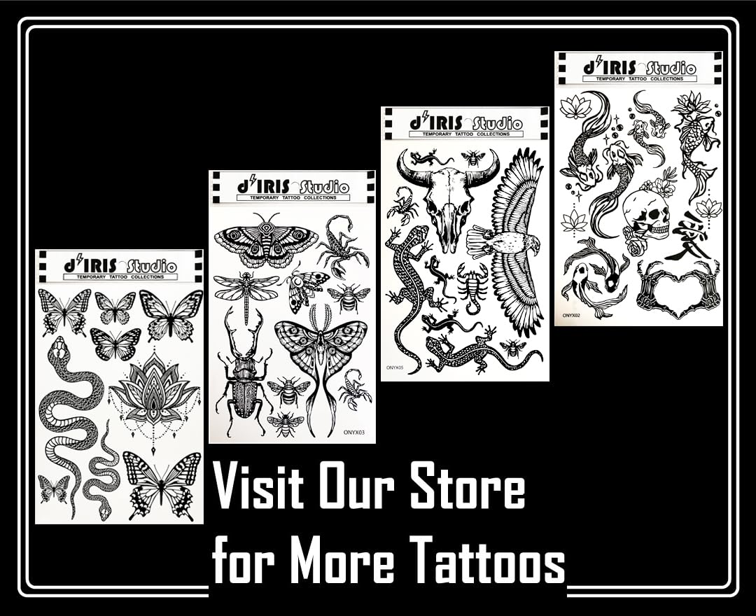 Temporary Tattoo for Adult Women - 2 Sheets - Black Big Moth Beetle Scorpion Dragonfly Bee Insect Sleeve Words Adults Tattoos