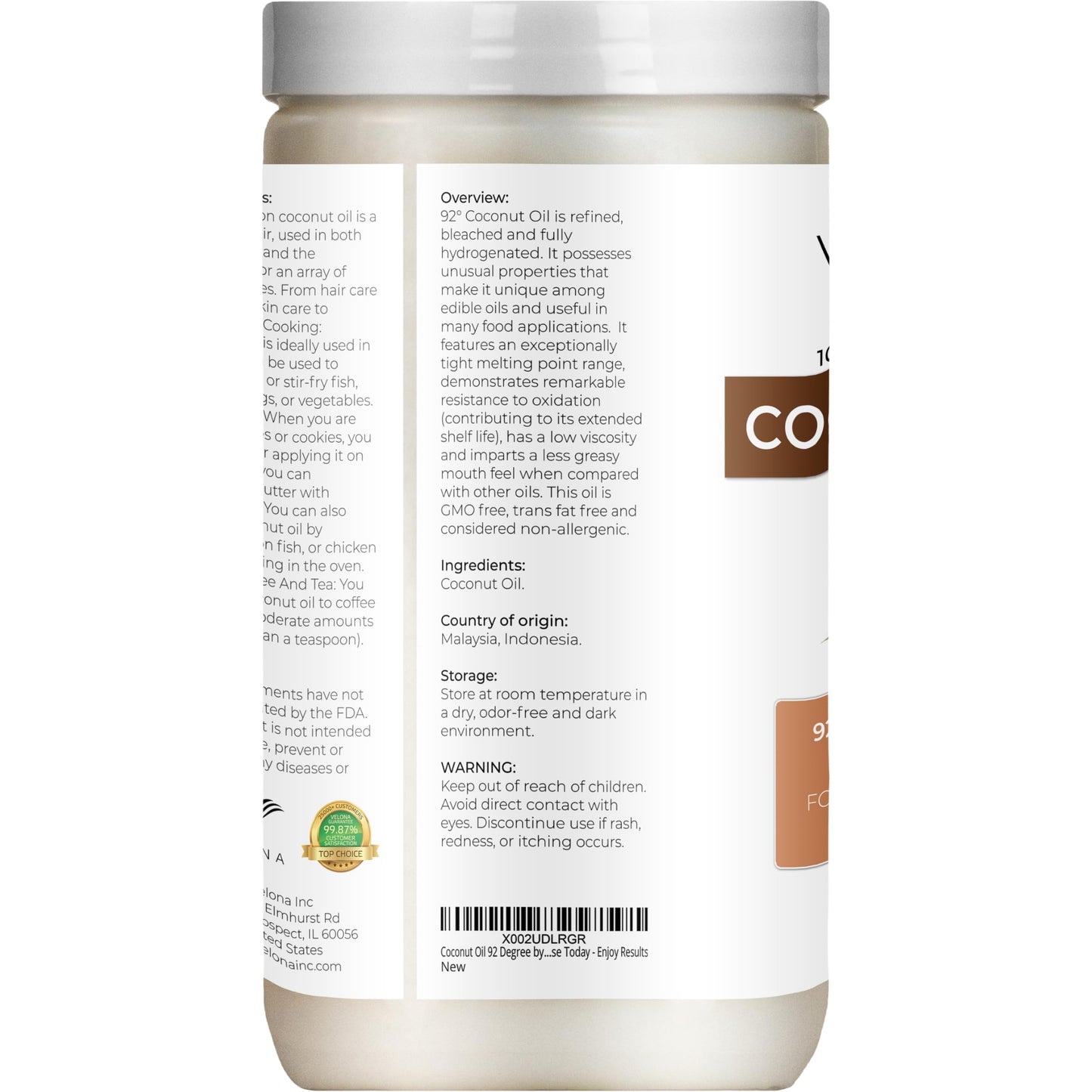 velona Coconut Oil 92 Degree 32 fl oz | 100% Pure and Natural Carrier Oil | in jar | Refined, Cold pressed | Skin, Face, Body, Hair Care | Use Today - Enjoy Results