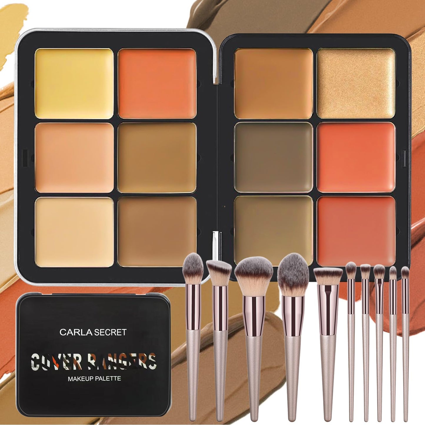 JasCherry 12 Colors Blush Palette, Colour Correcting Concealer Foundation Palette, 10 Makeup Brush Set, Highlighter Bronzer Contour Concealer Cream Matte Long Lasting Brightening Face Cosmetics