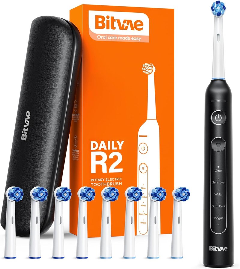 Bitvae R2 Rotating Electric Toothbrush - 8 Brush Heads, 5 Modes, Rechargeable | Black, Travel Case Included