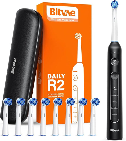 Bitvae R2 Rotating Electric Toothbrush - 8 Brush Heads, 5 Modes, Rechargeable | Black, Travel Case Included