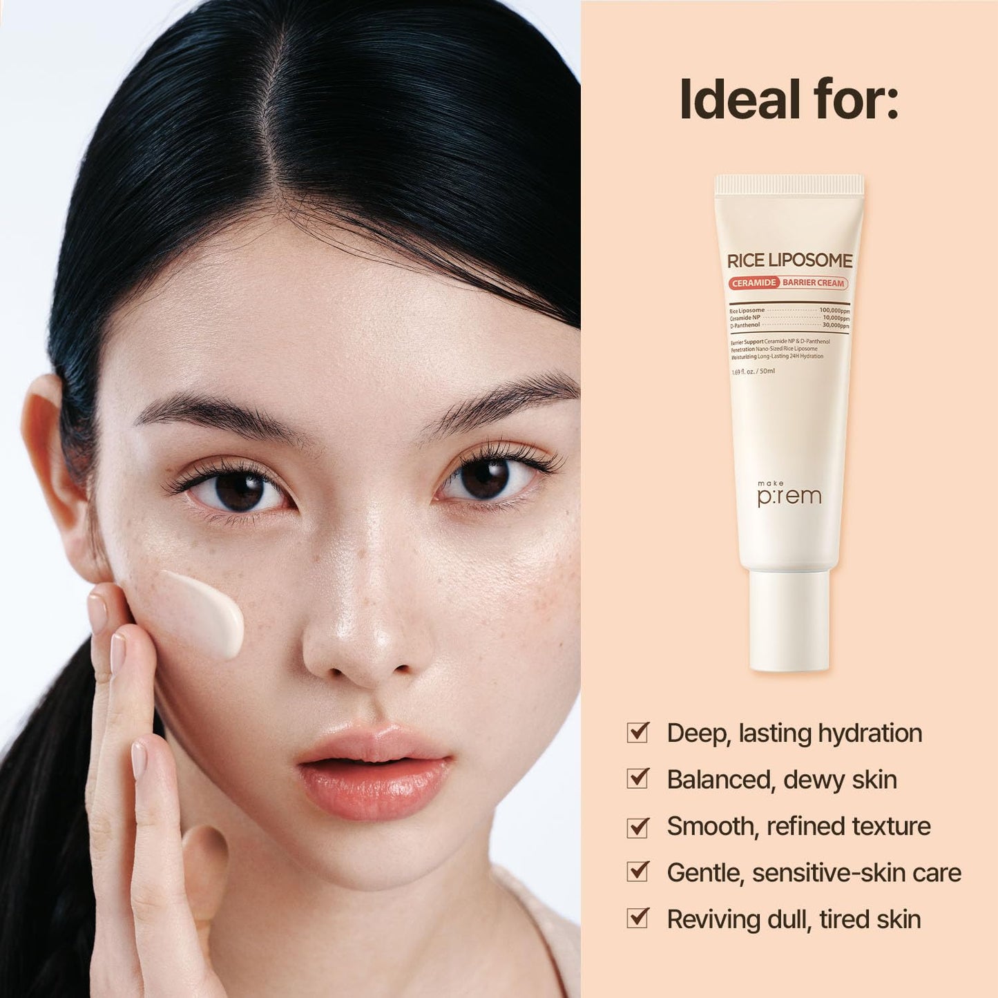 MAKE P:REM Rice Liposome Ceramide Barrier Cream, Skin Barrier Support, Long-Lasting 24H Hydrating Moisturizer, Korean Skin Care, 1.69 fl.oz. (50ml)