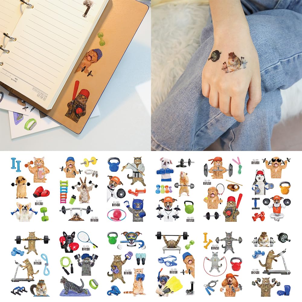 Oottati 12 Sheets Waterproof Temporary Tattoos Stickers Small Cute Animal Loves To Gym Cat Dog Mouse Keep Fit Boxing Jumping Weightlifting Dumbbell Kettlebell Rope Suit For Kids And Adults