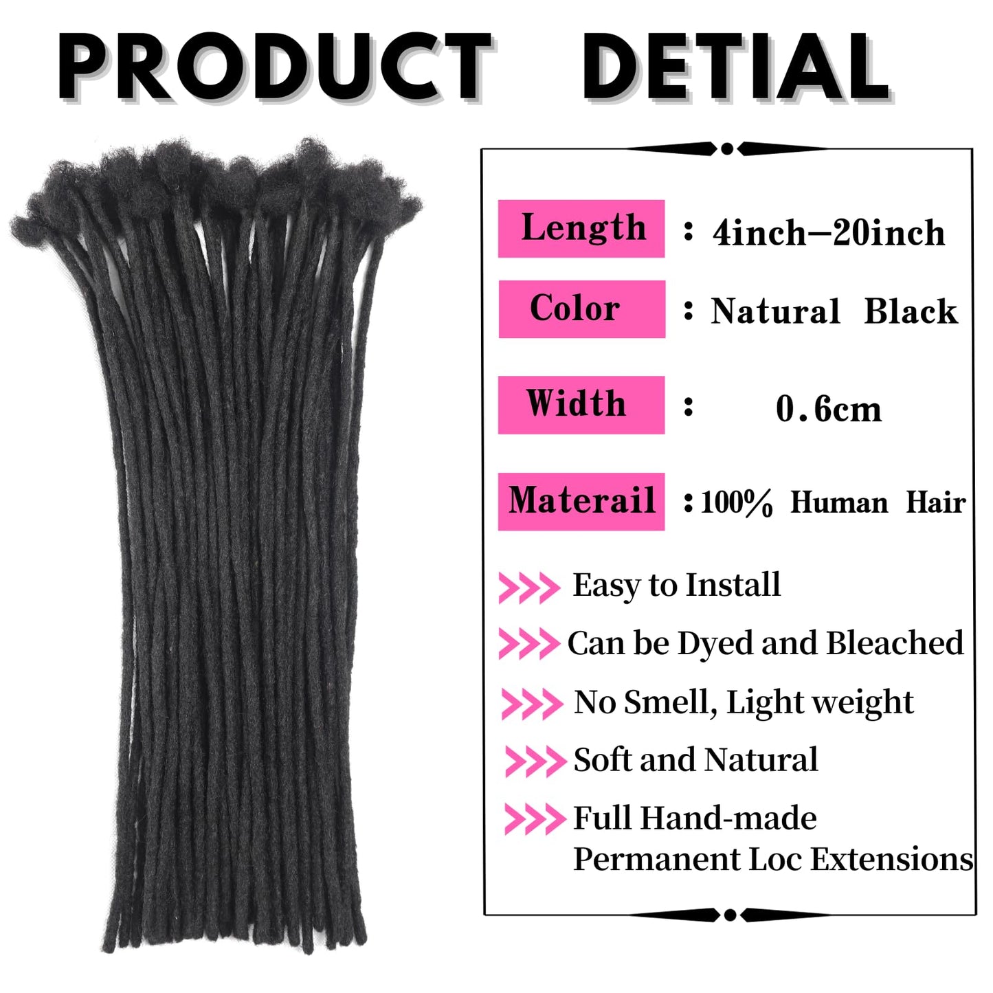 Loc Extensions Human Hair 14 Inch 0.6cm Thickness 10 Strands 100% Full Handmade Permanent Dreadlock Extensions Real Human Hair For Women Men Kids Can Be Dyed Bleached Curled (Width 0.6cm Natual Black)
