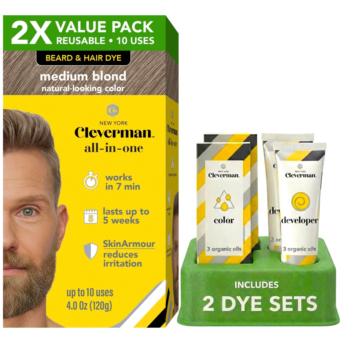 2X Reusable Hair & Beard Dye for Men – Medium Blond 8.01 | Up to 10 Uses, 7 Minutes | Natural Gray Coverage, No-Drip Cream with SkinArmour® – Cleverman