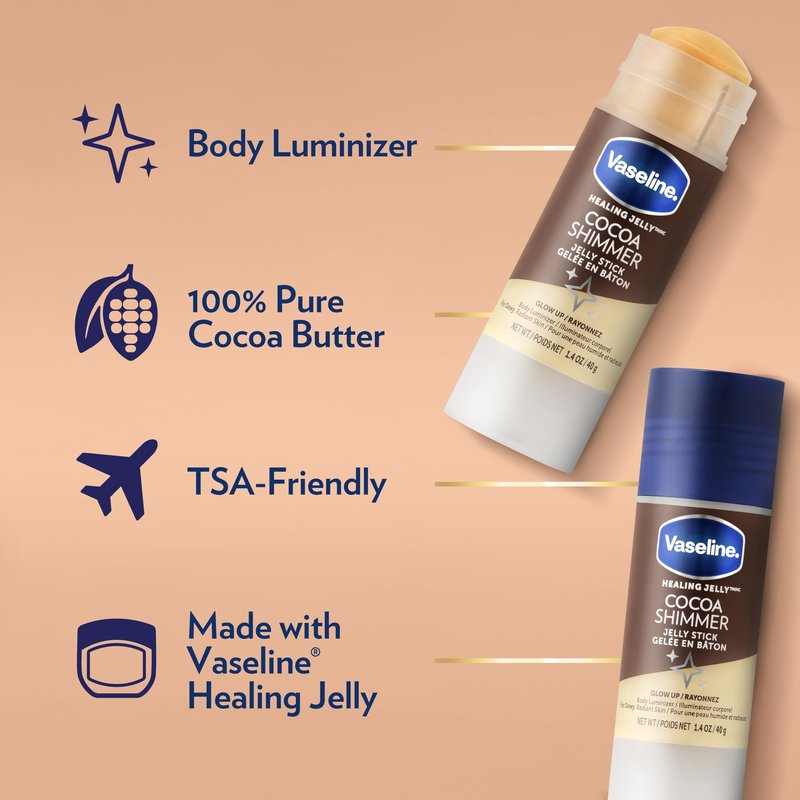 Vaseline Cocoa Shimmer Jelly Stick – Non-Greasy Moisturizer for Glowing Skin, Face & Body Lotion, Travel-Size, 1.4 Oz Ea, Pack of 3.