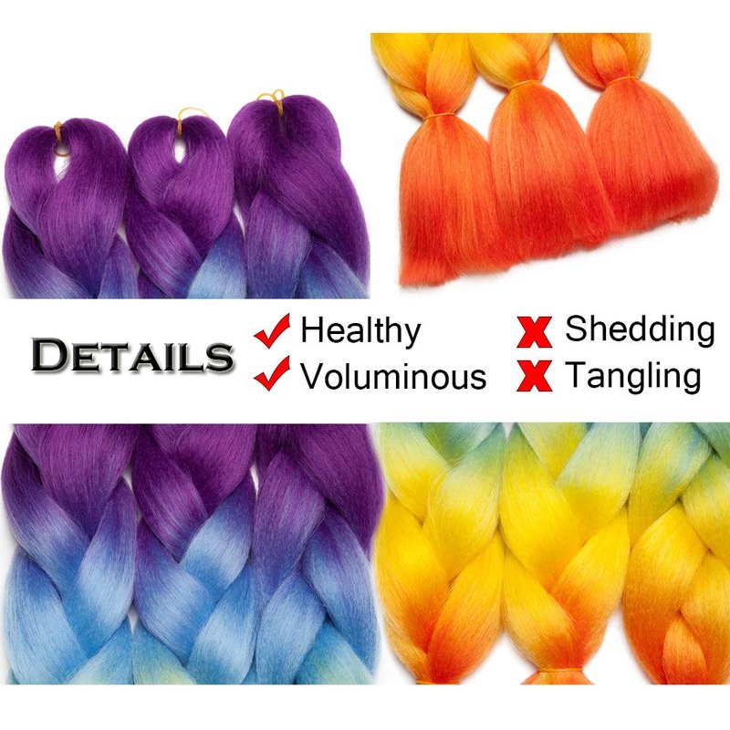 Ombre Jumbo Braid Hair Extensions - 24 Inch Rainbow Box Braids | High-Temperature Synthetic Fiber, 4 Tones Purple, Blue, Yellow, Orange, 5 Bundles