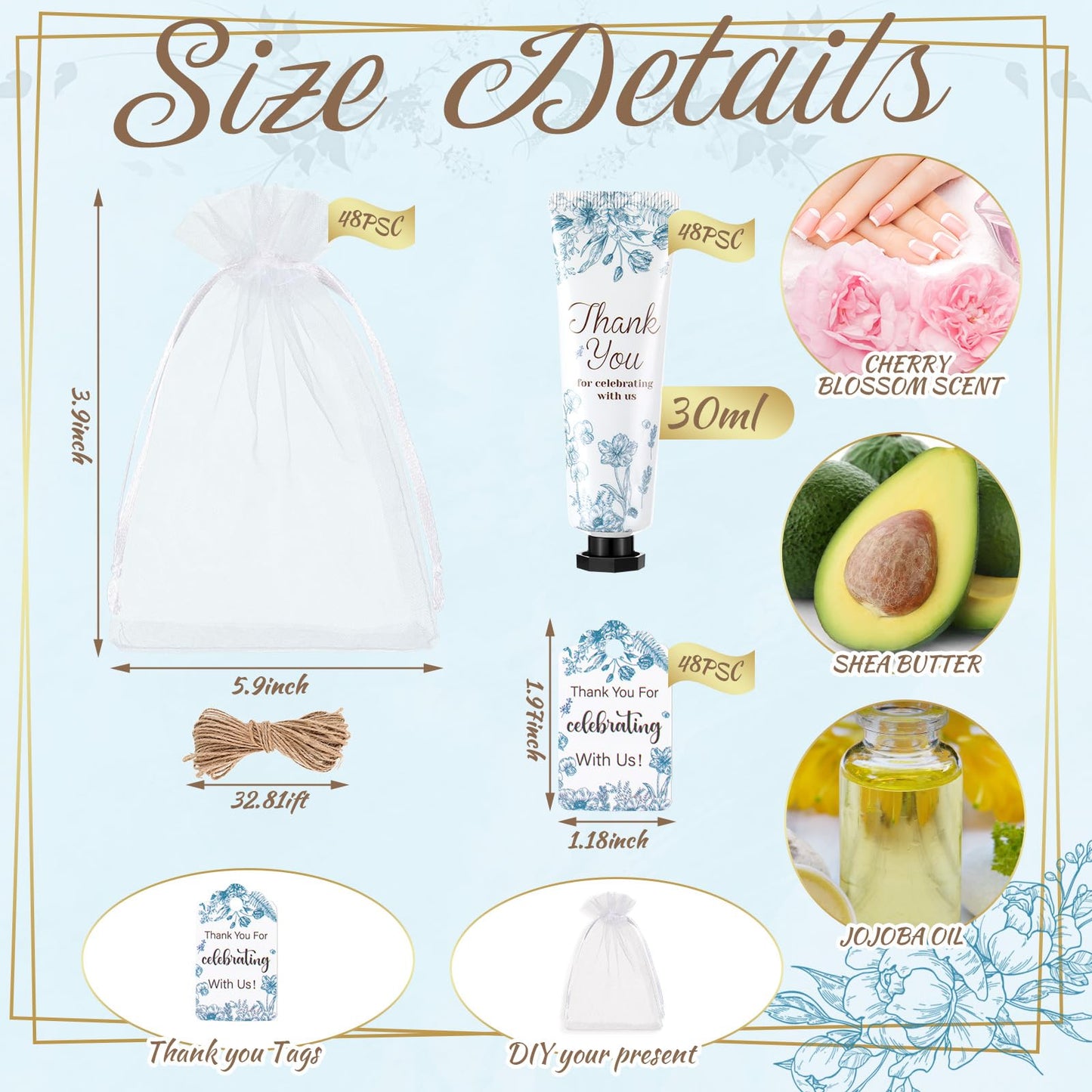 Dansib 48 Sets /144 Pcs Baby Shower Hand Cream Gift Party Favors for Guests Gift Bridal Wedding Thank You Gifts Bulk Mini Travel Size Hand Lotion Set for Guests(Blue Flower)