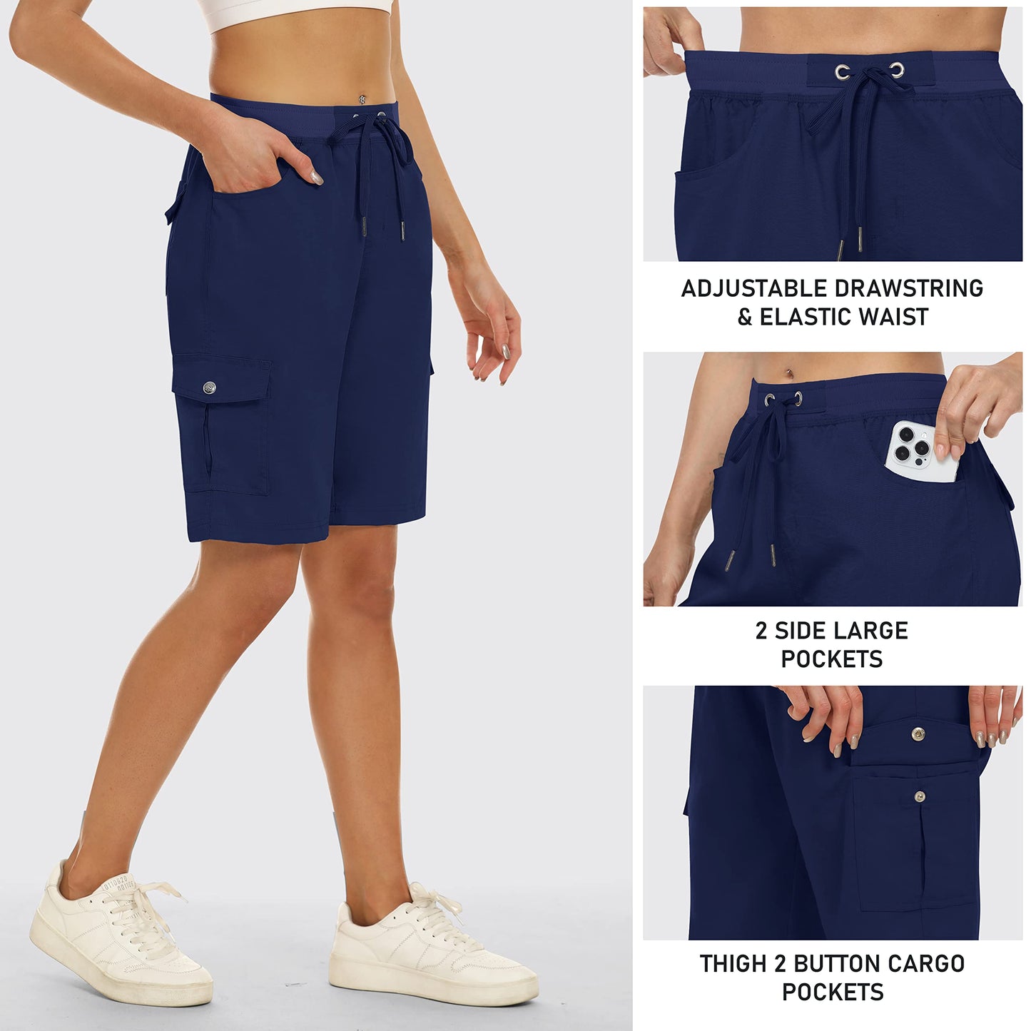 MoFiz Women's 10" Hiking Cargo Shorts Stretch Active Running Long Shorts Quick Dry Outdoor Running Summer Shorts with Pockets Navy L