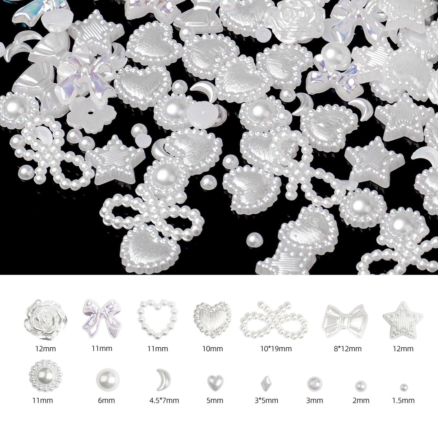 ShynyShy Nail Charms for Nails Design, Bow Nail Charms, 1200PCS 3D Multi Shapes Pearl Nail Jewels for Nail Art, Kawaii/Cute Nail Charms for Aacrylic Nails, Heart Star Butterfly for Craft (White)