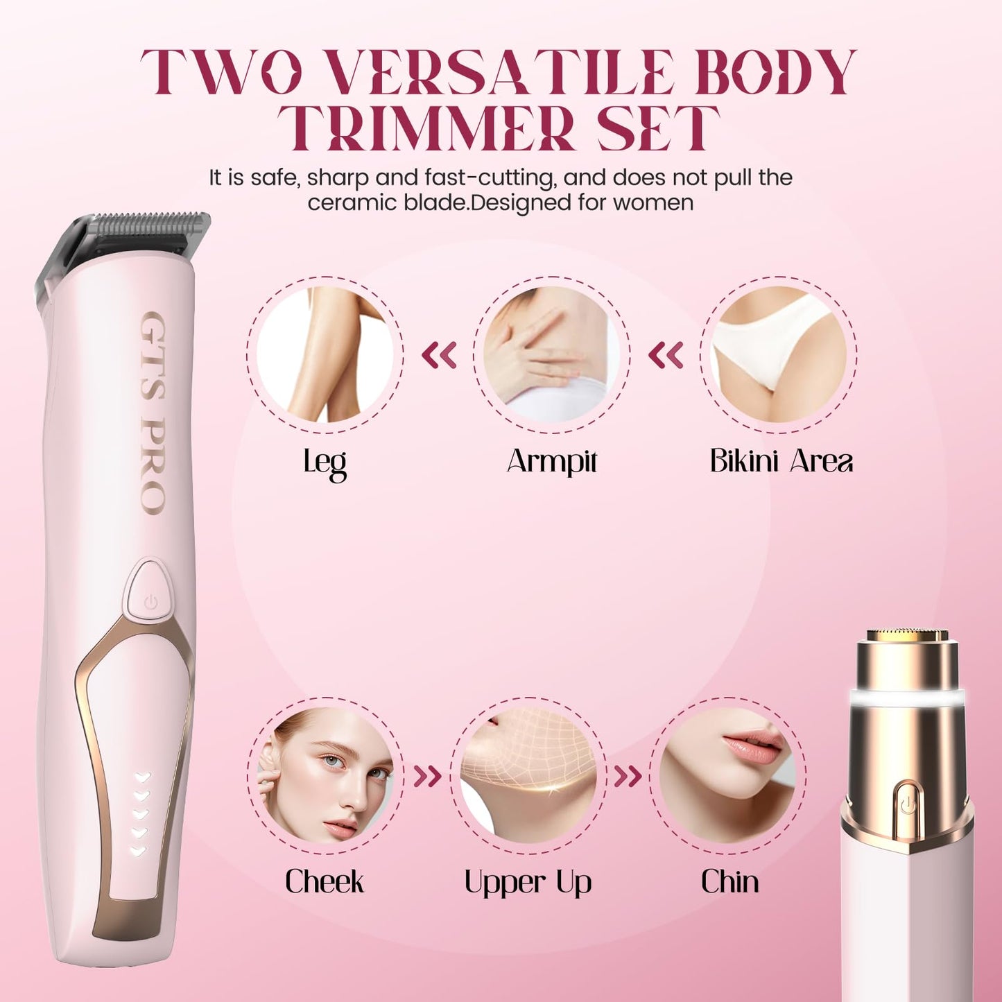 Bikini Trimmer for Women Electric Razor 2 Pack Dual Head Body & Facial Hair Remover -Waterproof USB Rechargeable with Replacement Ceramic Blades, Travel Pouch & Packaging Box(Pink)