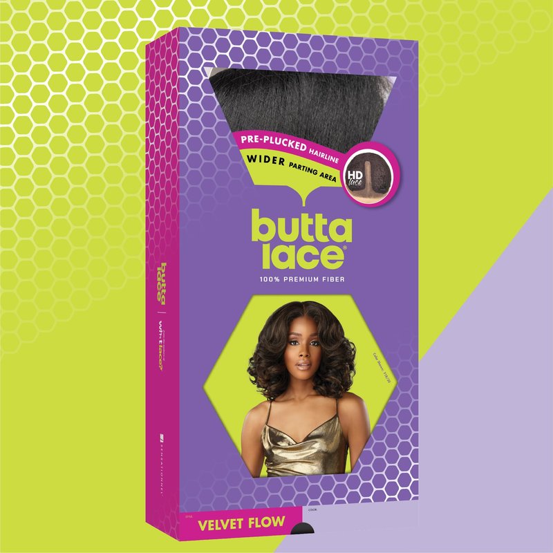 Sensationnel Butta Lace Wigs - Velvet Flow Unit Extra Wide 5 Inch Deep Parting Synthetic Preplucked Hairline Glueless Lacefront (1B OFFBLACK)